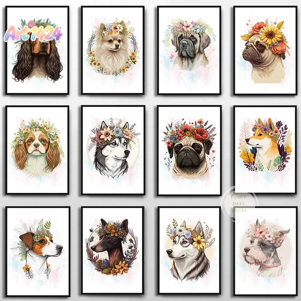 Husky Rottweiler Pug Dog – Watercolor Flower French Bulldog Frameless Canvas Poster for Living Room Home Decor Gift