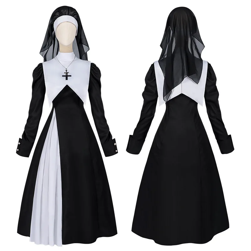 Pascua Halloween cosplay sexy monja cruzada disfraz juego uniforme juego de rol vestido largo negro con velo collar chal conjunto completo