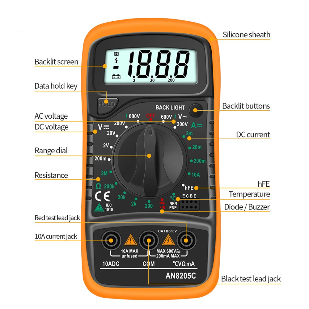 AN8205C Digital Multimeter AC/DC Ammeter Volt Ohm Tester Meter Multimetro With Thermocouple LCD Backlight Portable