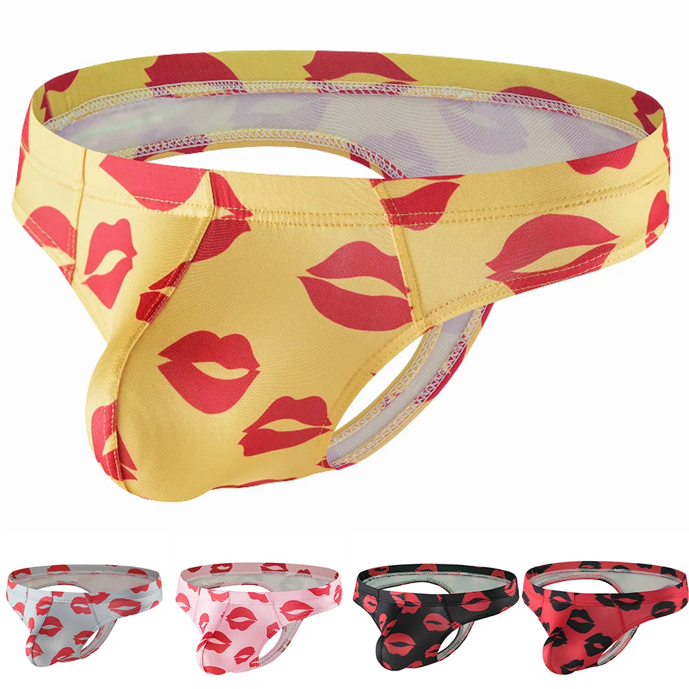 

Men Stretch Briefs T-Panties Sexy Red Lips Printed Underwear Low Rise Jockstrap Pouch G-string Thongs Tanga