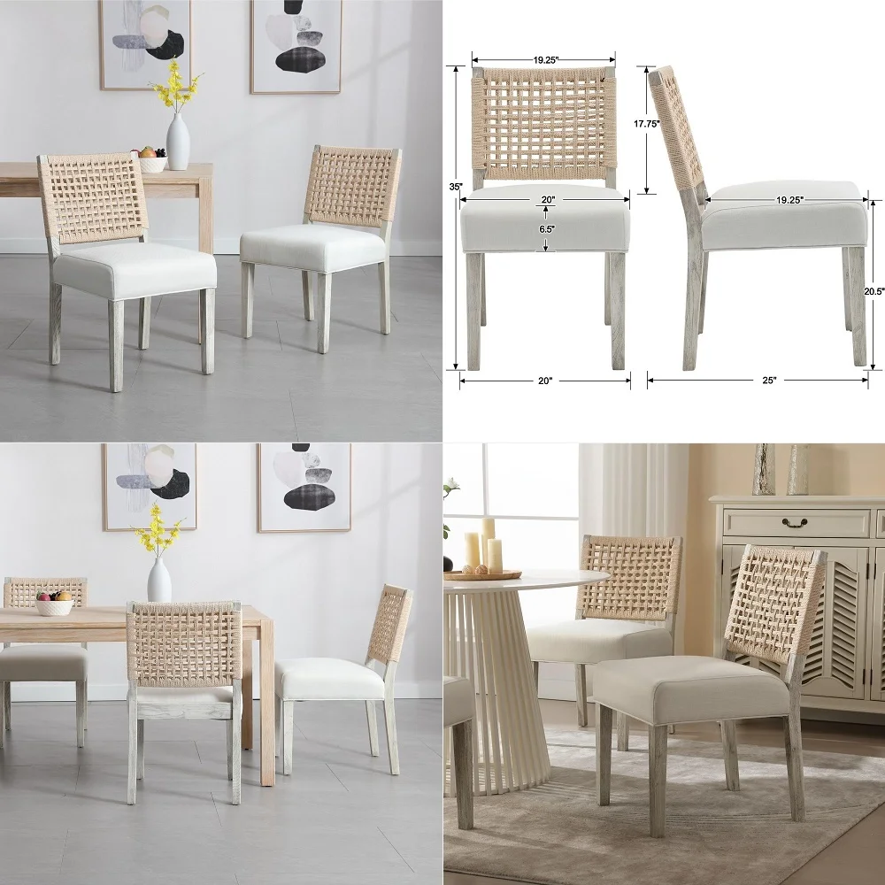 

upholstered Dining Chairs Set of 2, Farmhouse Dining Room Chairs Grey Kitchen Chairs with Low Woven Rope Back Wooden Side Chair