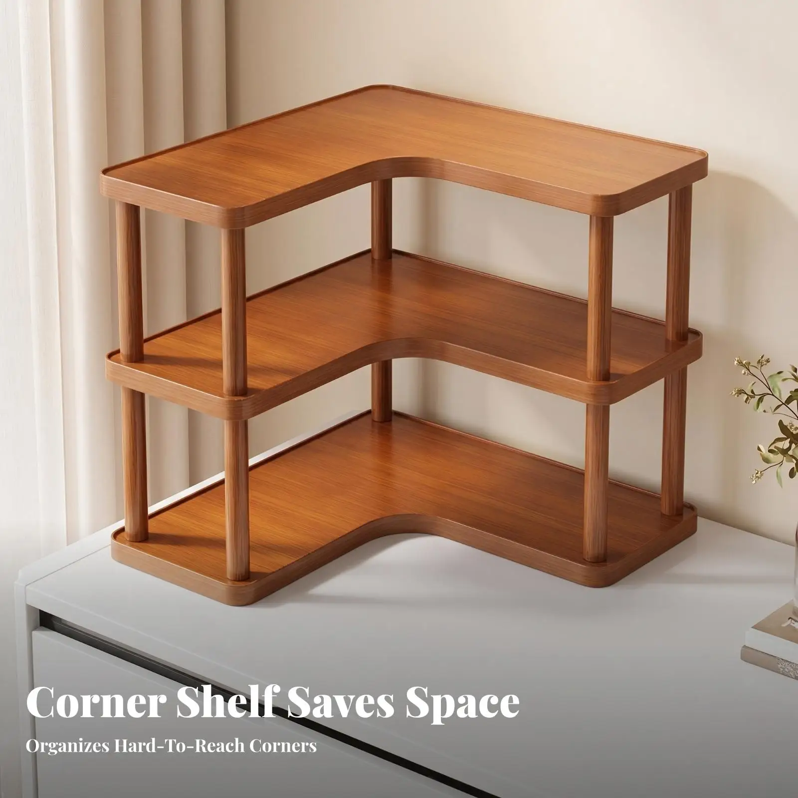 Three Tier Bamboo Corner Desk Organizer Tabletop Three Tier Corner Shelf Tea Brown for Wall
