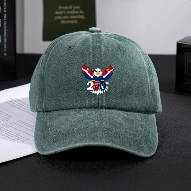 Boné de Beisebol Lavado e Desgastado Unissex de Algodão Vintage Estilo Dad Hat com Estampa Gráfica de Águia e Número 250, Aba Curva de Perfil Baixo