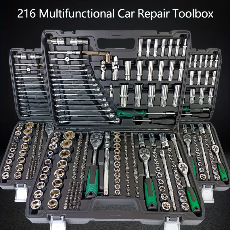 216 piece tool set, car and motorcycle maintenance, fast ratchet wrench group, socket group, bit group, industrial grade