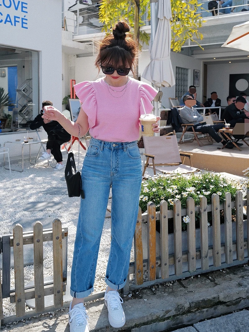 

Hailey High Waist French Bread Jeans Women's Spring Summer Light Wa Twisted Sewing Long Pants High Waist Straight Leg Jeans