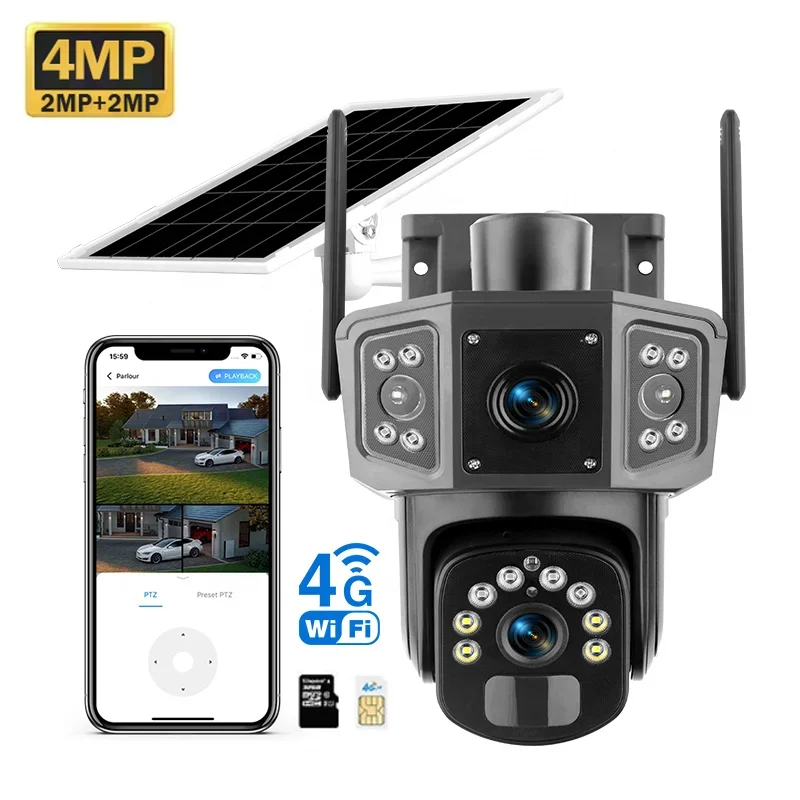 

2026 High Quality Colorful Night Vision Dual Lens 4G Solar Cameras Long 8000mAh Battery Life Solar Power Security PTZ Camera