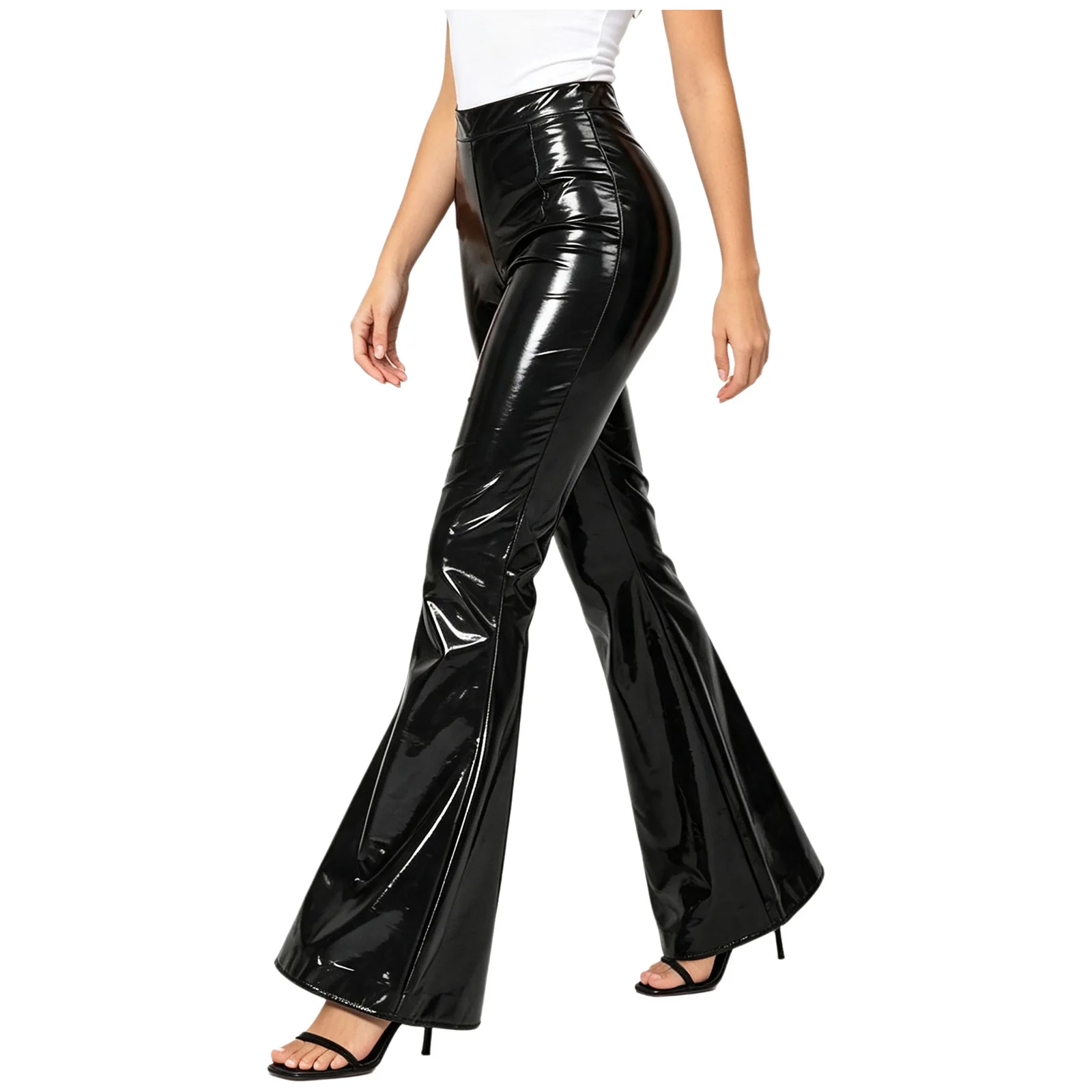 Womens Wet Look Glossy PU Leather Y2K Flared Pants Clubwear High Waist Back Ruched V-shaped Bell Bottom Trousers Disco Costume
