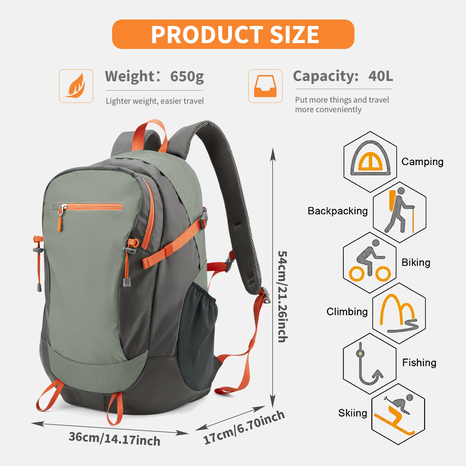 Waterproof Climbing Outdoor Backpack Men Women Sports Bag Leisure Travel Backpack Large Capacity, Fishing Hiking Backpack 40L