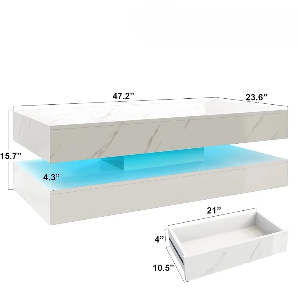 LED Coffee Table with 2 Storage Drawers, High Gloss White Coffee Tables w/20 Colors LED Lights, 2 Tiers Rectangle Center Table