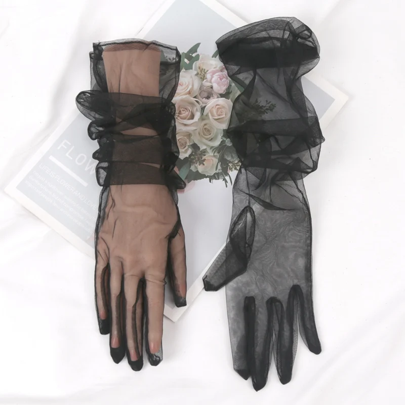 Fashion Long Sheer Tulle Gloves Ultra Thin Stretchy Full Finger Mittens Mesh Elbow Wedding Bride Gloves Drive Sunscreen Mittens