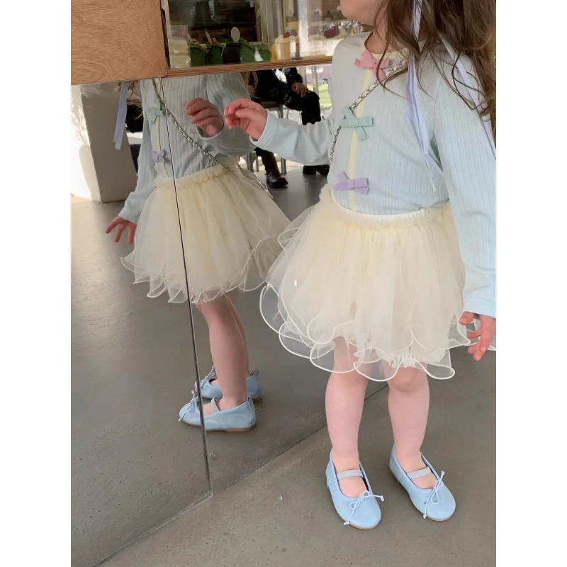 2024Spring-Summer New Type Girls' Half-Length White Dress Gauze Skirt Sweater Cute Sweet Travel Hot Sale Set-XMS