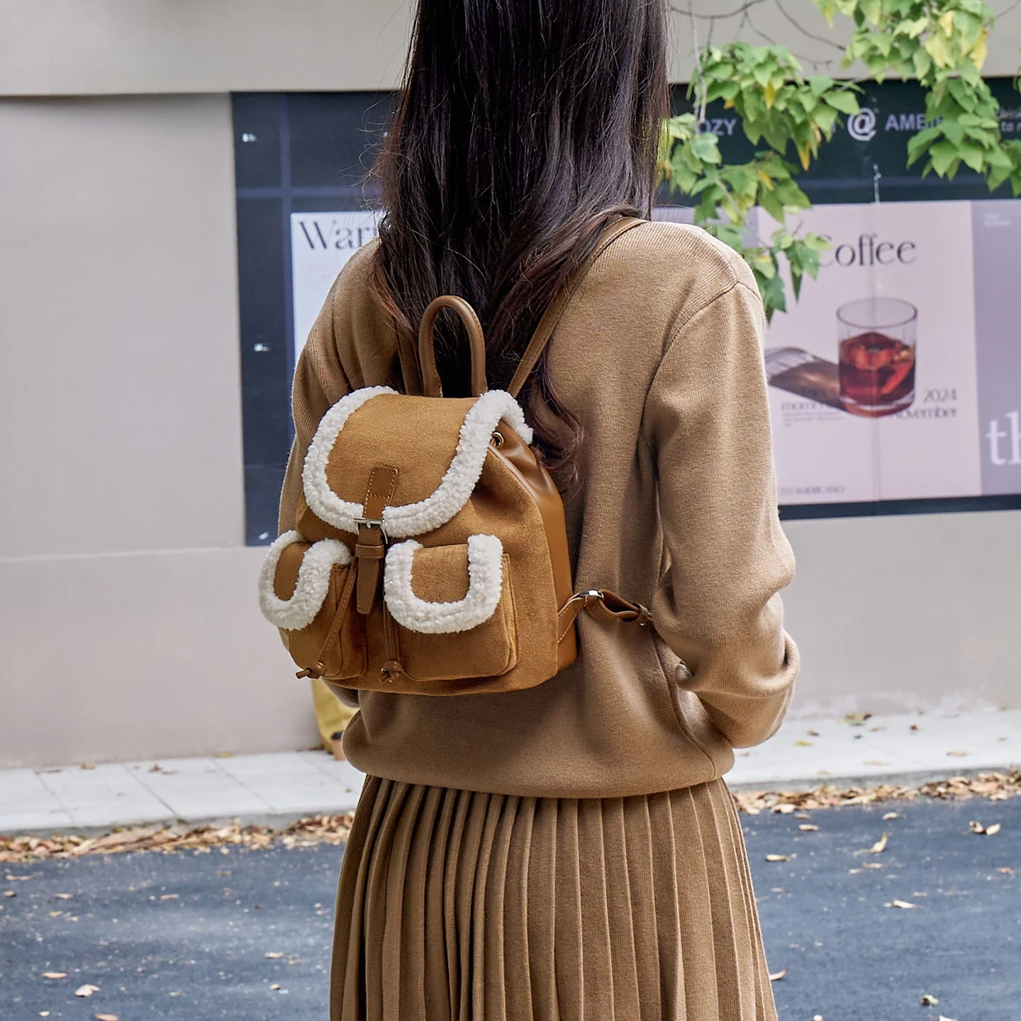 Josiny Retro Lamb Fur Women's Bapa Faionable Commuter Bag Dual oulder Bag Dstring Closure Daily Use