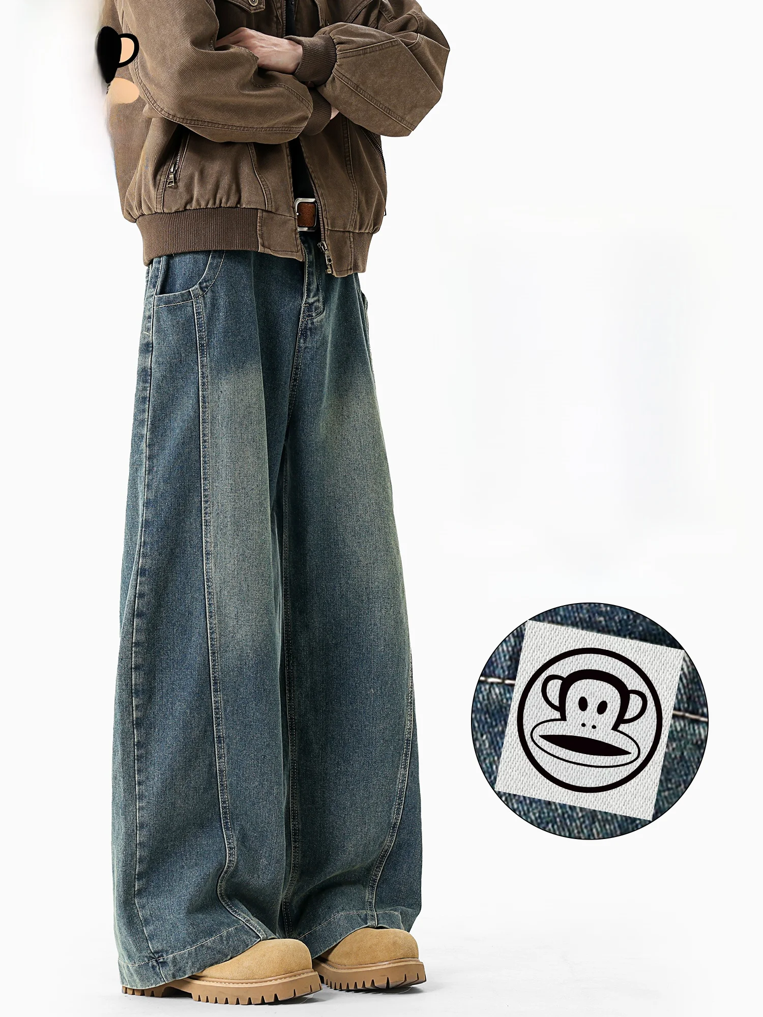 

Мужские джинсы Paul Frank в стиле ретро, синие, свободного кроя, широкие штанины, модные повседневные брюки для уличной моды, весенние, из смесового хлопка и полиэстера