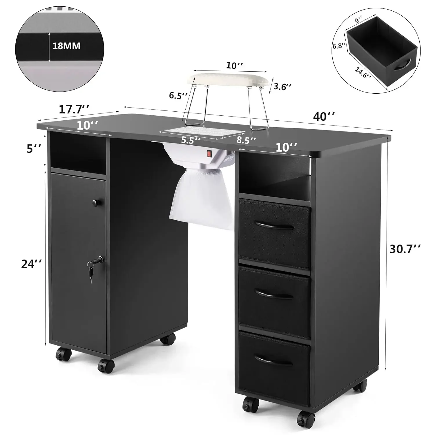 Table de manucure des mains d'artiste, bureau de manucure beauté des ongles, station de table de module d'ongle avec évent descendant électrique, coussin de poignet