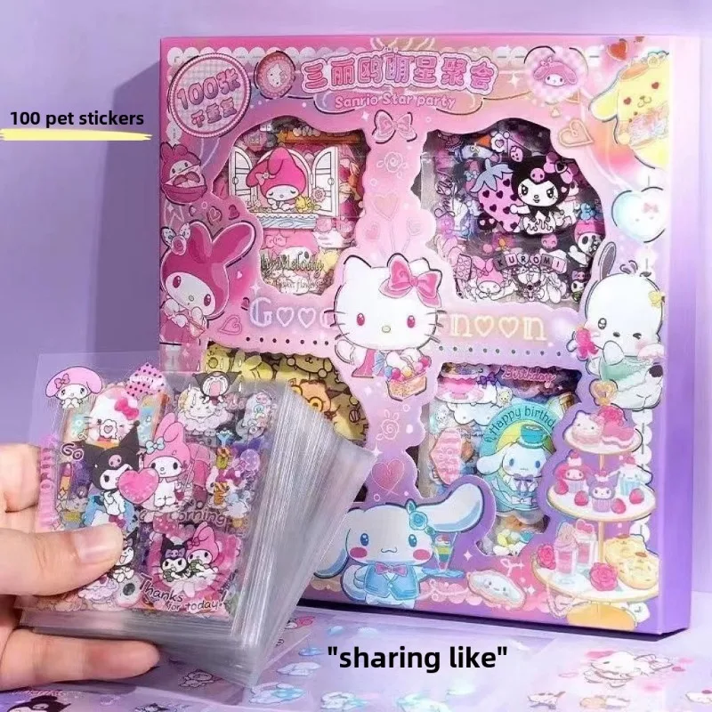Sanrio Kitty Set di adesivi da 100 pezzi non ripetibili Cinnamoroll Kuromi My Melody Adesivo impermeabile per cancelleria Confezione regalo Regalo di festa