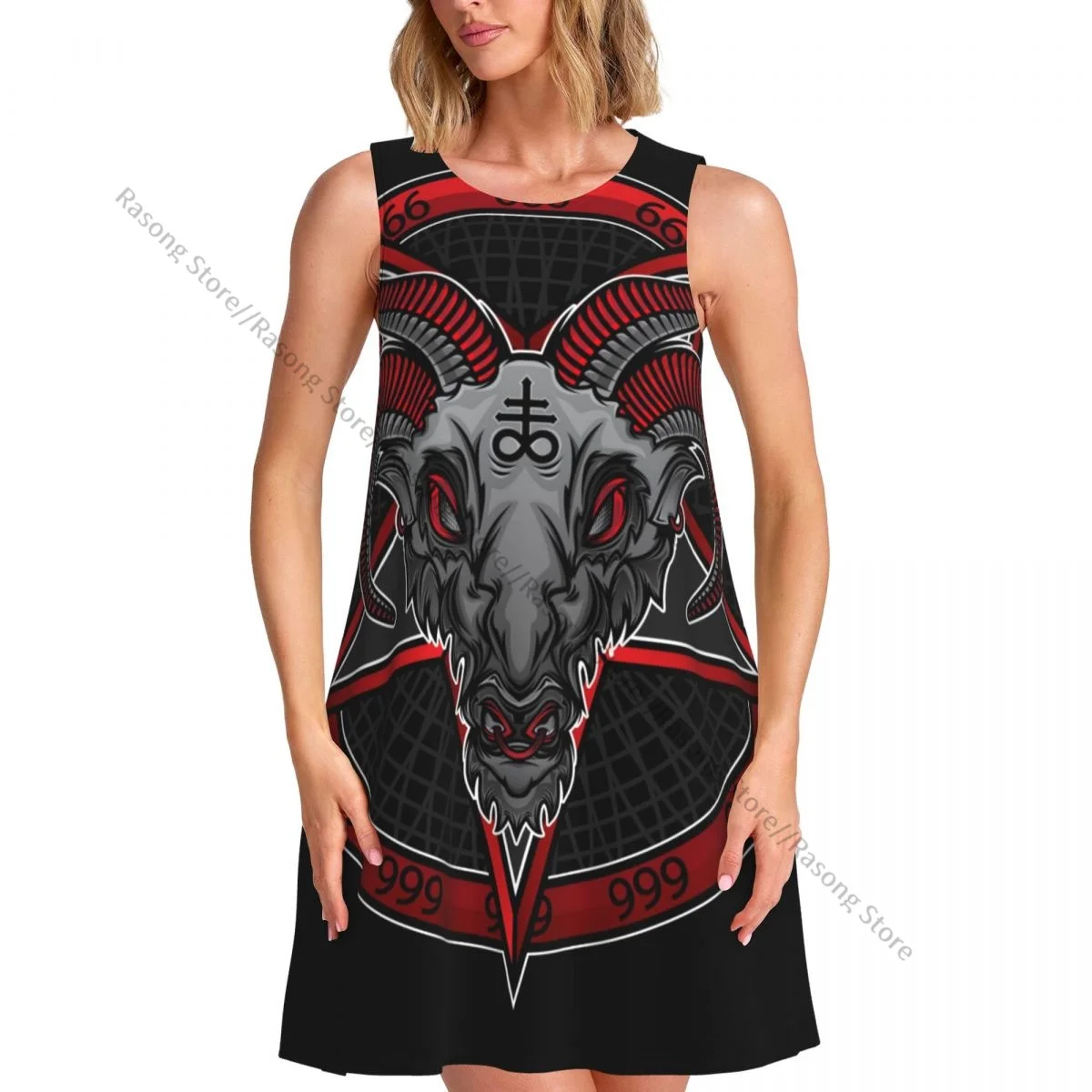 ชุดสตรี Baphomet Demon 666 ฤดูร้อนเสื้อยืดลําลองชายหาดชุดเดรสถัง