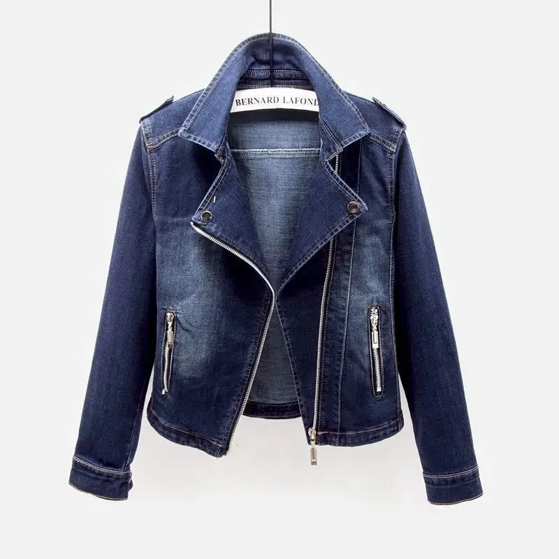 Women Denim Coat Short Coats Zipper Turn Down Collar Elegant Splice Open Stitch Jacket Full Sleeve Casual Jackets Autumn Spring