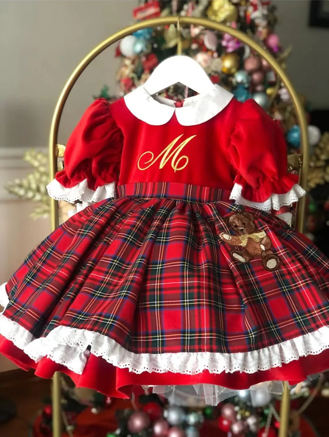 0-12Y Baby Girl Autumn Winter Red Velvet Plaid Bear Embroidery Vintage Spanish Princess Ball Gown Dress for Eid Causal