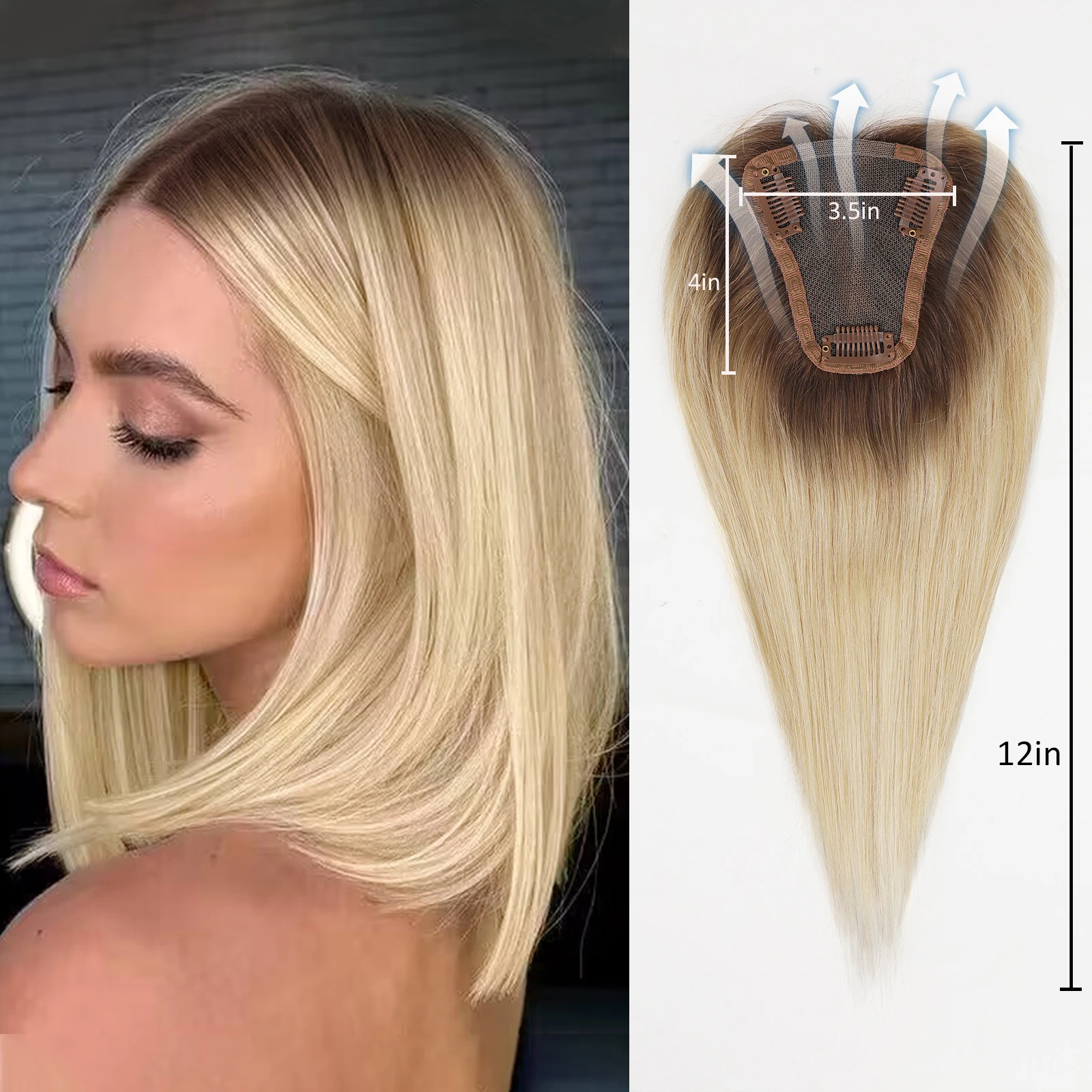 Haartoppers Blond Bruin Ombre 100% Remy Echt haar Topper Haarstukken voor Vrouwen 150% Dichtheid Zijde Basis 3Clip in Toppers 12 inch