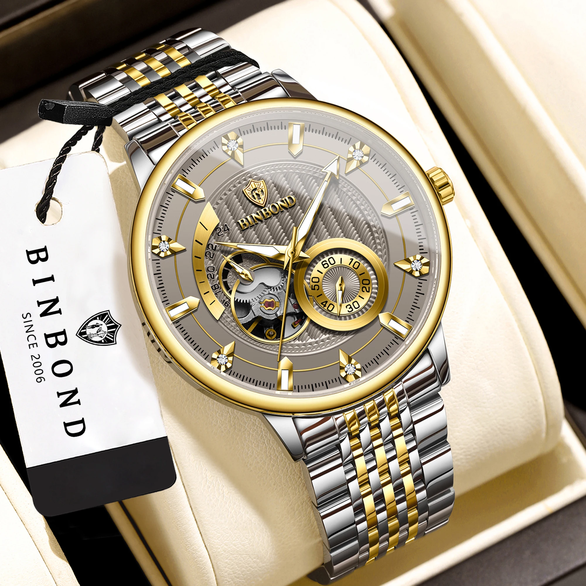 BINBOND Original Tourbillon Automatic Mechanical Wristwatches For Men Luxury Luminous Waterproof Men's Watch Reloj Hombre +Box