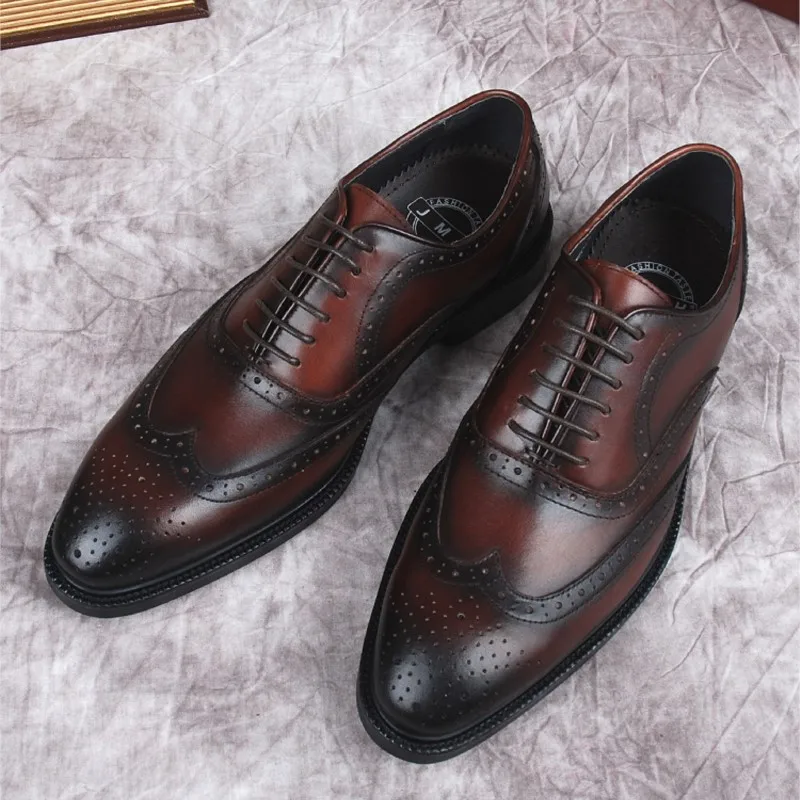 

Mens Oxford Genuine Leather Dress Shoes Handmade Classic Lace-Up Solid Brogue Shoes Office Business Wedding Formal Shoes For Men