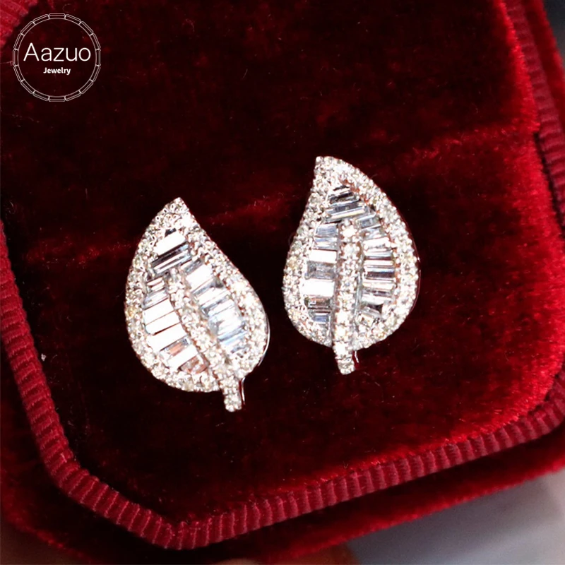 Aazuo  Fine Jewelry 18K White Gold Real Diamonds 0.90ct H SI Luxury Classic Leaf Stud Earring Gifted For Women Engagement Party