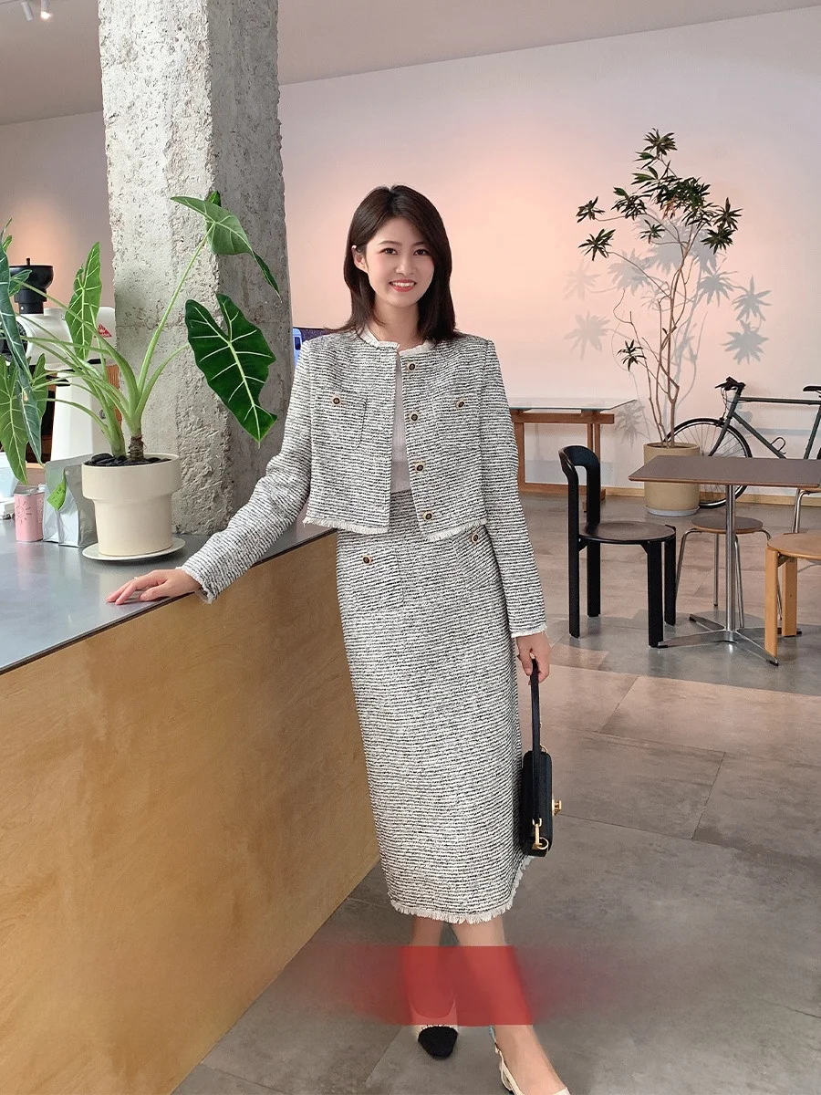 

022 Осенний женский твидовый костюм-двойка с юбкой в стиле французского шика, размер 56X, модный женский комплект