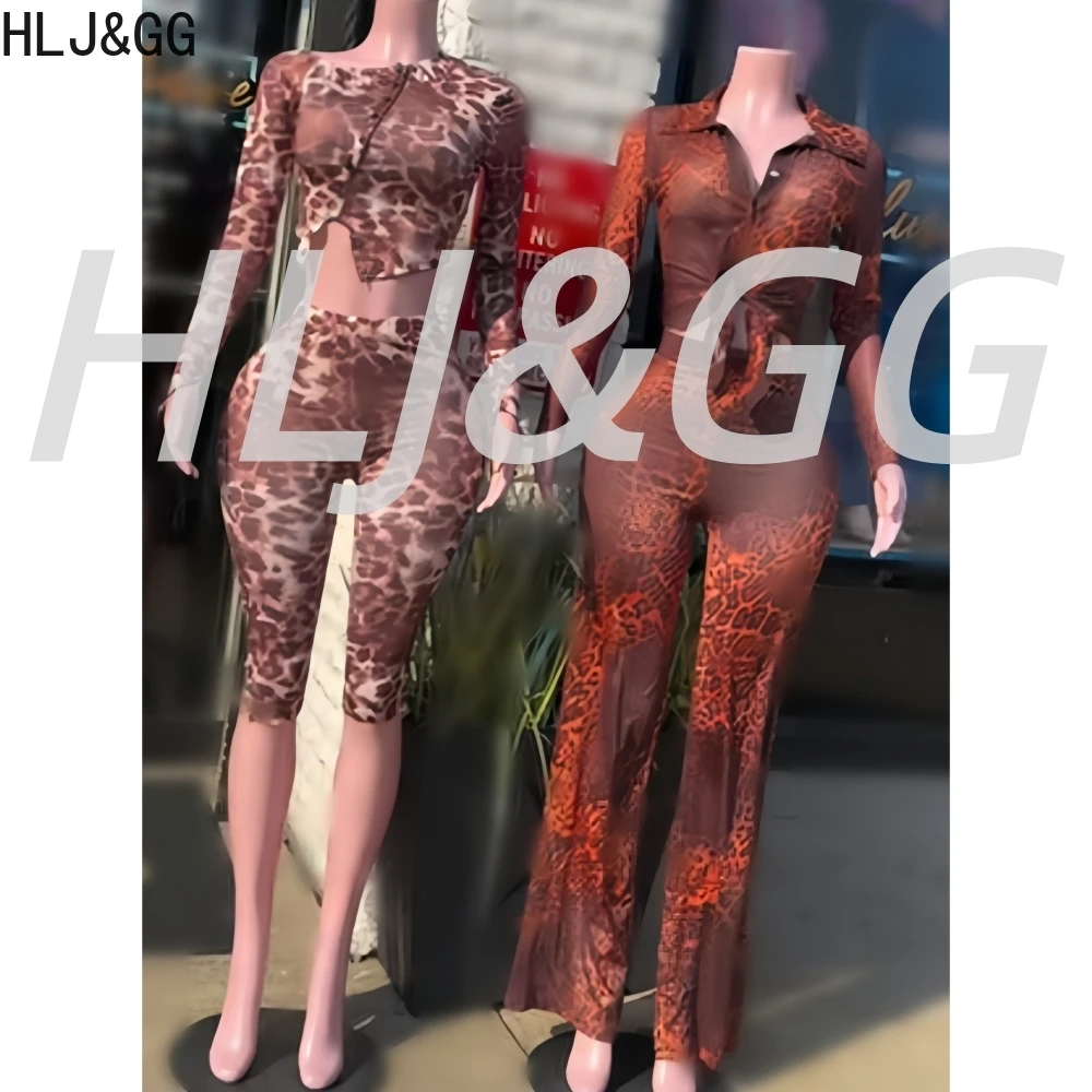 Hlj & gg sexy leopardo impressão malha ver através de conjuntos de duas peças feminino decote em v botão manga longa topo e calças outfits y2k streetwear