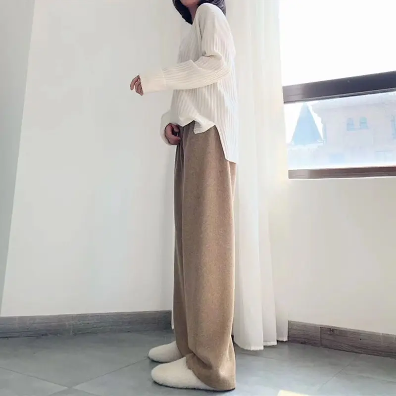 

Solid Color Thickened Knitted Wide Leg Pants Women's Autumn Winter High Waist Straight Casual Loose Floor-Length Pants CQ76