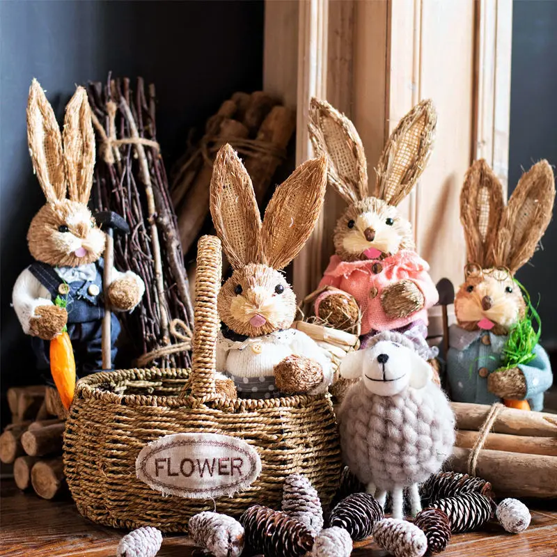 46cm Straw Rabbit Straw Woven Bunny Decoration Ornament Easter Holiday Decors Sculptures & Statuette Yard Party Home Supply