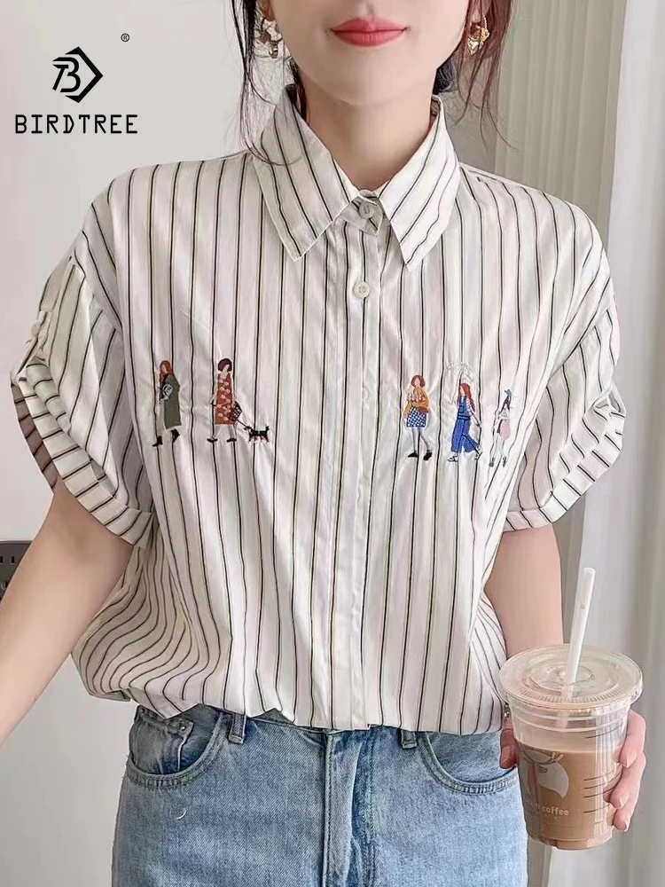 

New Summer Cotton Short Sleeve Shirts Lapel Embroidery Tops Casual Striped Mori Girl Loose OL French Blouse 2024 Autumn T46453QC