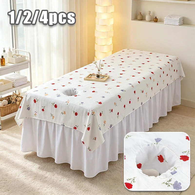 2PCS Korean-style Flower Print Massage Table Sheet Skin Friendly Washed Cotton Beauty Bed Cover with Face Hole for Beauty Salon