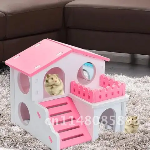 

House for Pet Hamster with Rabbit Nest Ladder Log Cabin Animal Sleeping Toys Golden Bear Little House Fenced Villa Ecological B