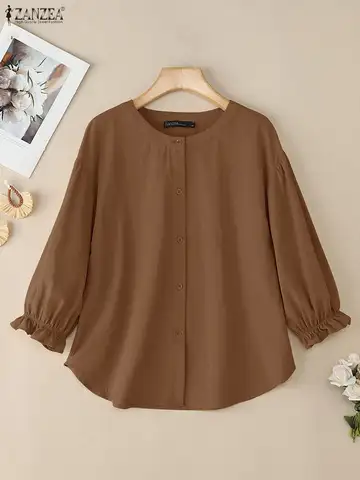 2025 ZANZEA Autumn Shirts Female Cotton Tops Women O Neck Long Sleeve Blouse Casual Solid Buttons Up Shirt Female OL Work Blusas