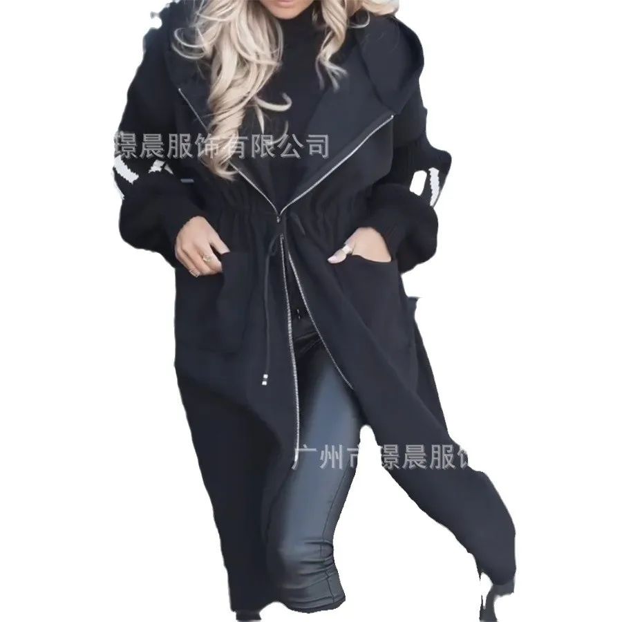 

Outerwear Stylish Women's Winter Coat With Hood Patchwork Knitted Sleeves Drawstring Waist Trendy Outerwear For Cold 2025