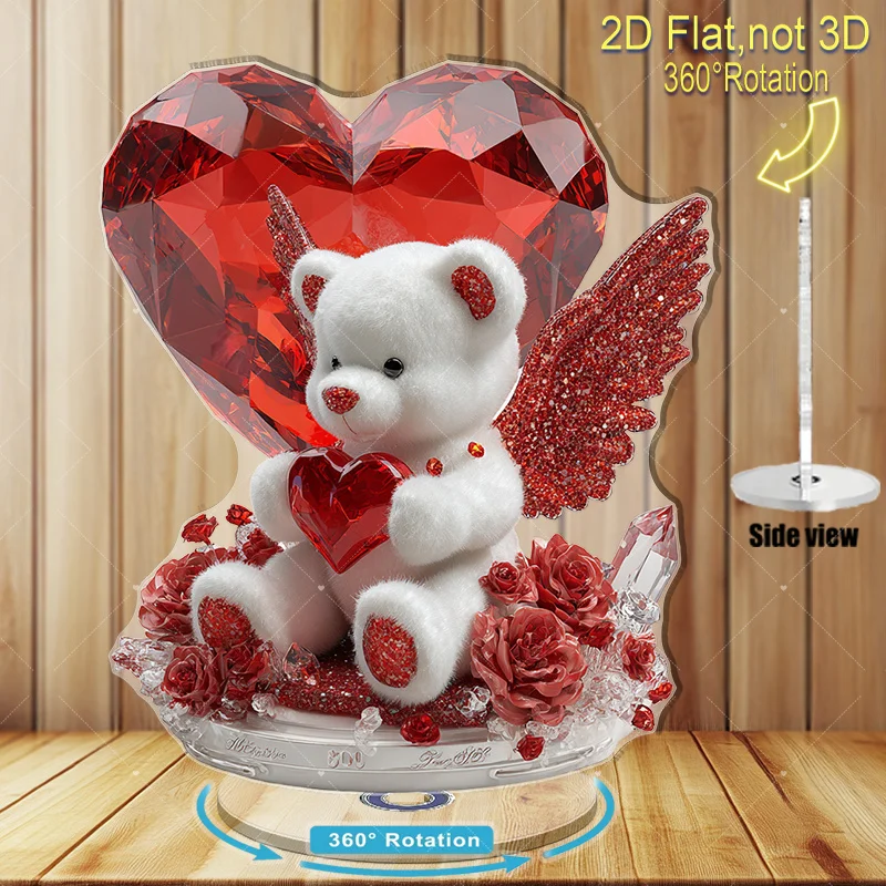 2D Flat, 2D Plane - 1pc 360-Degree Rotating Acrylic Figurine, White Teddy Bear with Shiny Red Wings, Holding a Red Heart-Shaped
