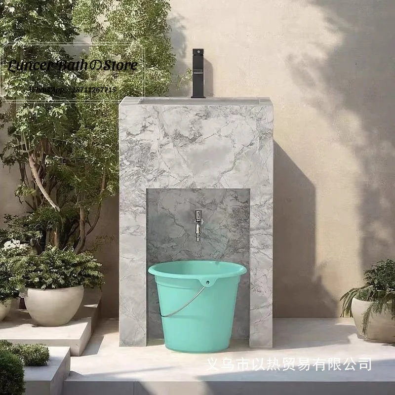 Sintered Stone Pedestal Sink, Integrated Floor Standing Wash Basin for Outdoor Courtyard, Balcony, Bathroom Hand Wash Station