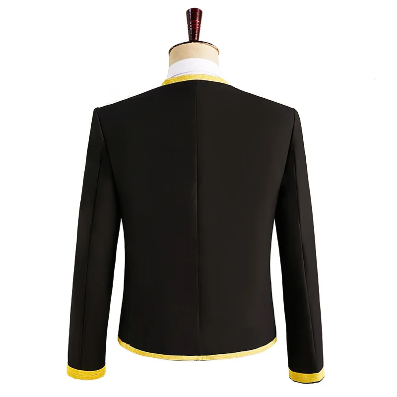 Court-style Men's Black Jacket with Gold Trim; Outerwear for Nightclubs, DJs, Parties, and Stage Performances.
