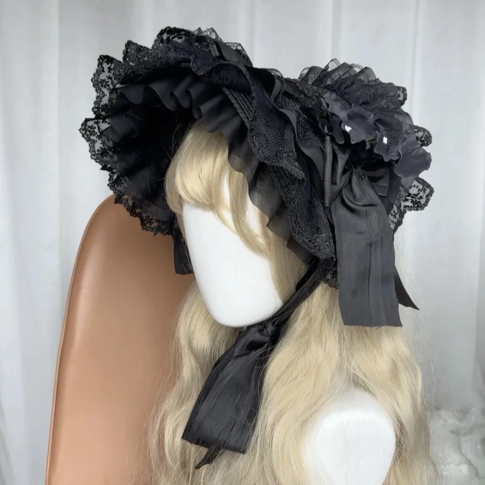 Gothic Lolita Straw Hat BNT Black Lace Flower Flat Hat Bonnet Top Hat Vintage Victorian Tea Party Black Headdress Halloween