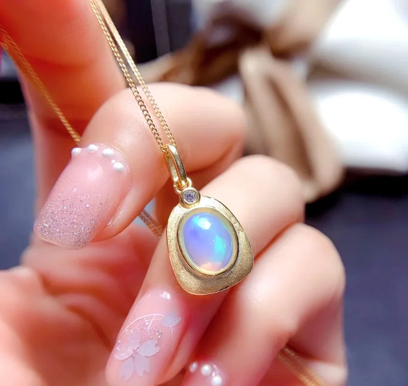 Women Pendant  Golden Color Necklace Natural Opal Necklace Real 925 Silver Jewelry Good Gift