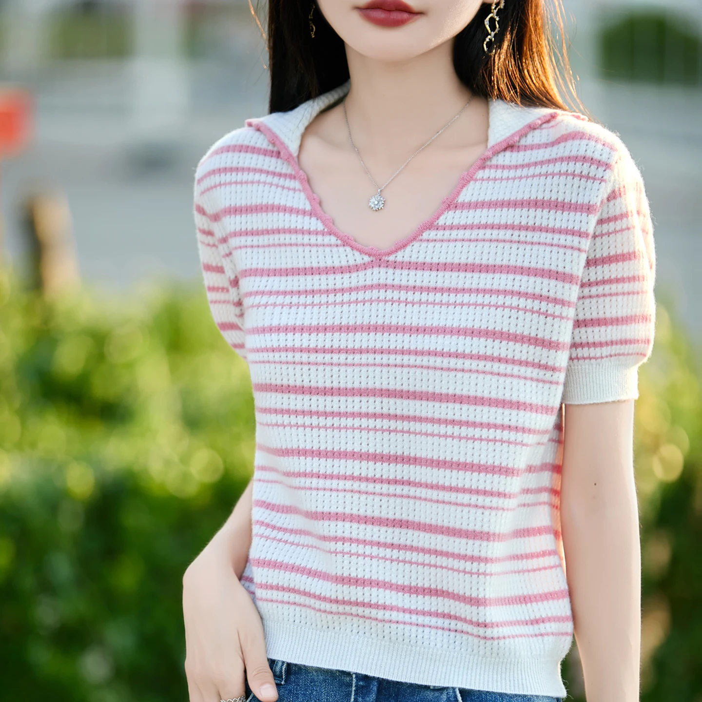 Wool Tshirt Women Fashion Thin Vneck Pullover Sweater Short Sleeve Computer Knitted New 100 Percent Wool Tshirt Female clothing