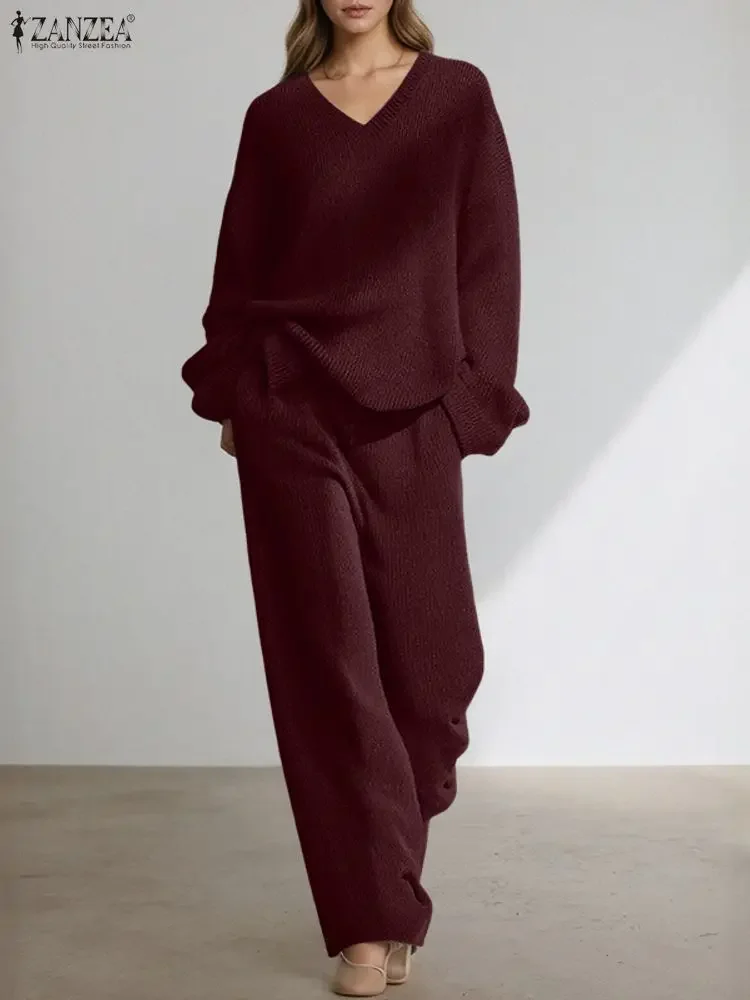 2025 ZANZEA Elegante Hose Sets Frauen Langarm V-ausschnitt Pullover Lange Hosen Gestrickte 2 stücke Mode Lässig Herbst Outfit Streetwear