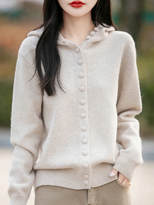 

Casual Sle Long Sve Knitted Woolen Cardigan Women's Spring New Faion Yellowi Beige Hooded Open Front Sweater