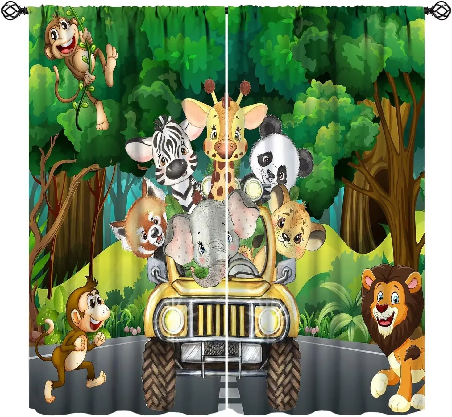 Safari Animals Curtains for Kids, Tropical Jungle Safari Adventure African Animals Lion Elephant Monkey Print Window Drapes for