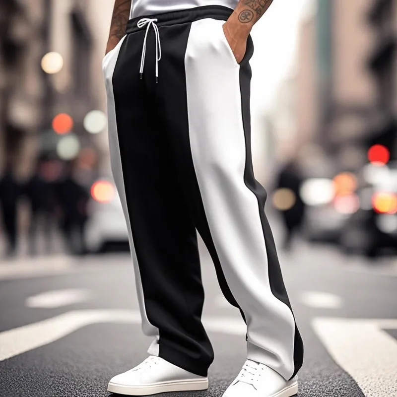 Men's Black and White Color Block Wide Leg Jogger Pants Drawstring Waist Casual Sports Trousers