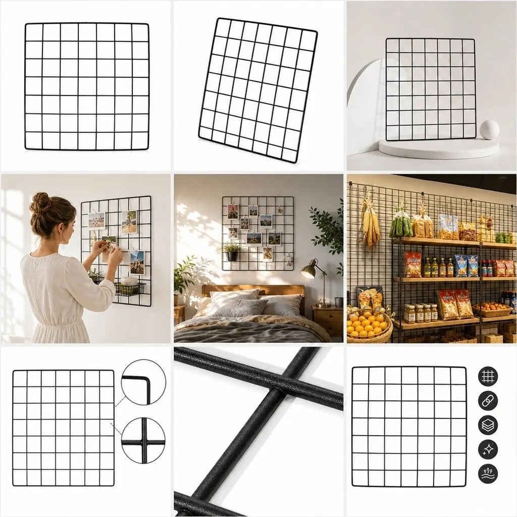 Multi-Functional Nordic Style Wall Grid Photo Display Iron Wire Grid Panel for Home Supermarket Organization Decorative Wall