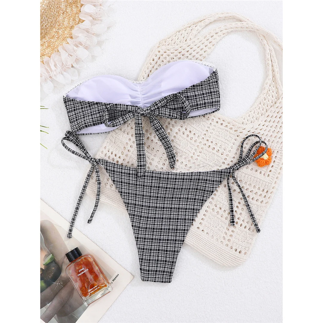 Karierter Bandeau-Bikini, Damen-Badebekleidung, zweiteiliger Bikini-Set, mit Trägern, hoch geschnitten, Badeanzug, Badebekleidung, Modell V8193. – Detail 8
