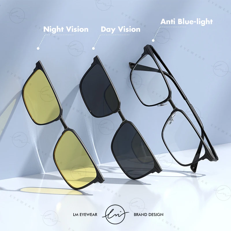 

LM Magnetic 3 in 1 Sunglasses Men Women Clip on Polaroid Sun Glasses Frame Fashion Computer Eyeglasses Anti Blue Light Glasses