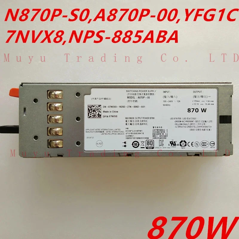 Nieuwe Originele Psu Voor Dell Poweredge T610 R710 870W Schakelende Voeding N870P-S0 A870P-00 Yfg1c 7nvx8 NPS-885AB Een