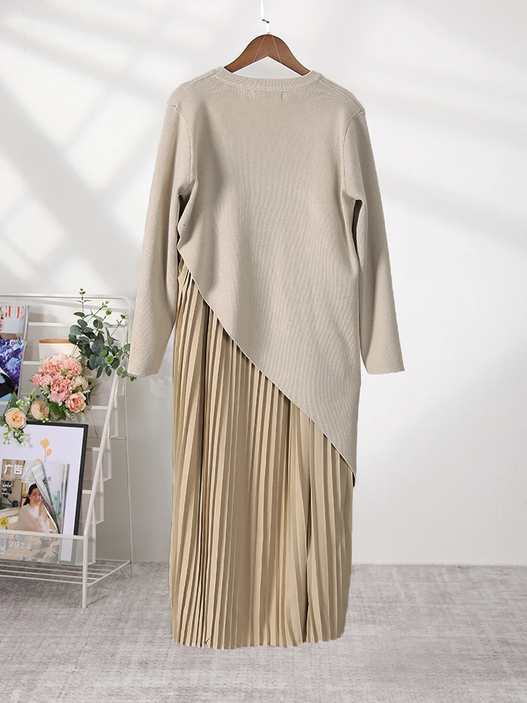 [EWQ] O Neck Long Sleeve Irregular Sweater+ Pleated Women Clothes Sling Dress Winter 2024 Autumn Beautiful 2 Piece Set 16U6067